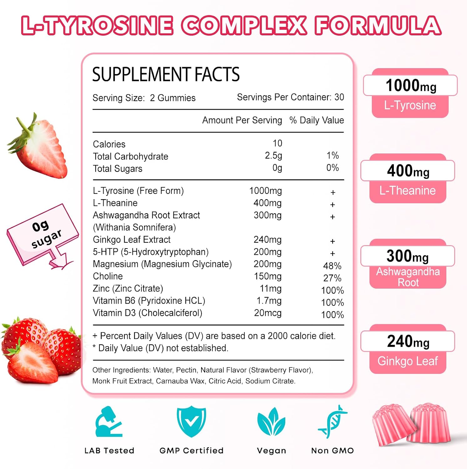 Gominolas de L-Tirosina 10-en-1, 2 Paquetes - Suplemento de Tirosina con L-Teanina, B6, D3, Zinc - Apoyo Cognitivo, Memoria, Energía y Estado de Ánimo - Sabor Fresa, 120 unidades