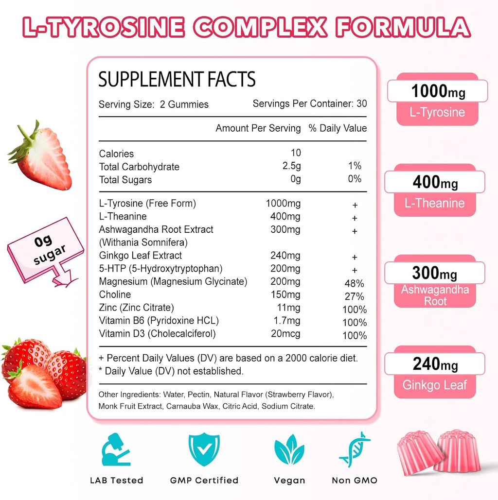 Zetelixia Gominolas de L-Tirosina 10-en-1 con Vitaminas B6 y D3 - 60 Unidades - Sabor Fresa