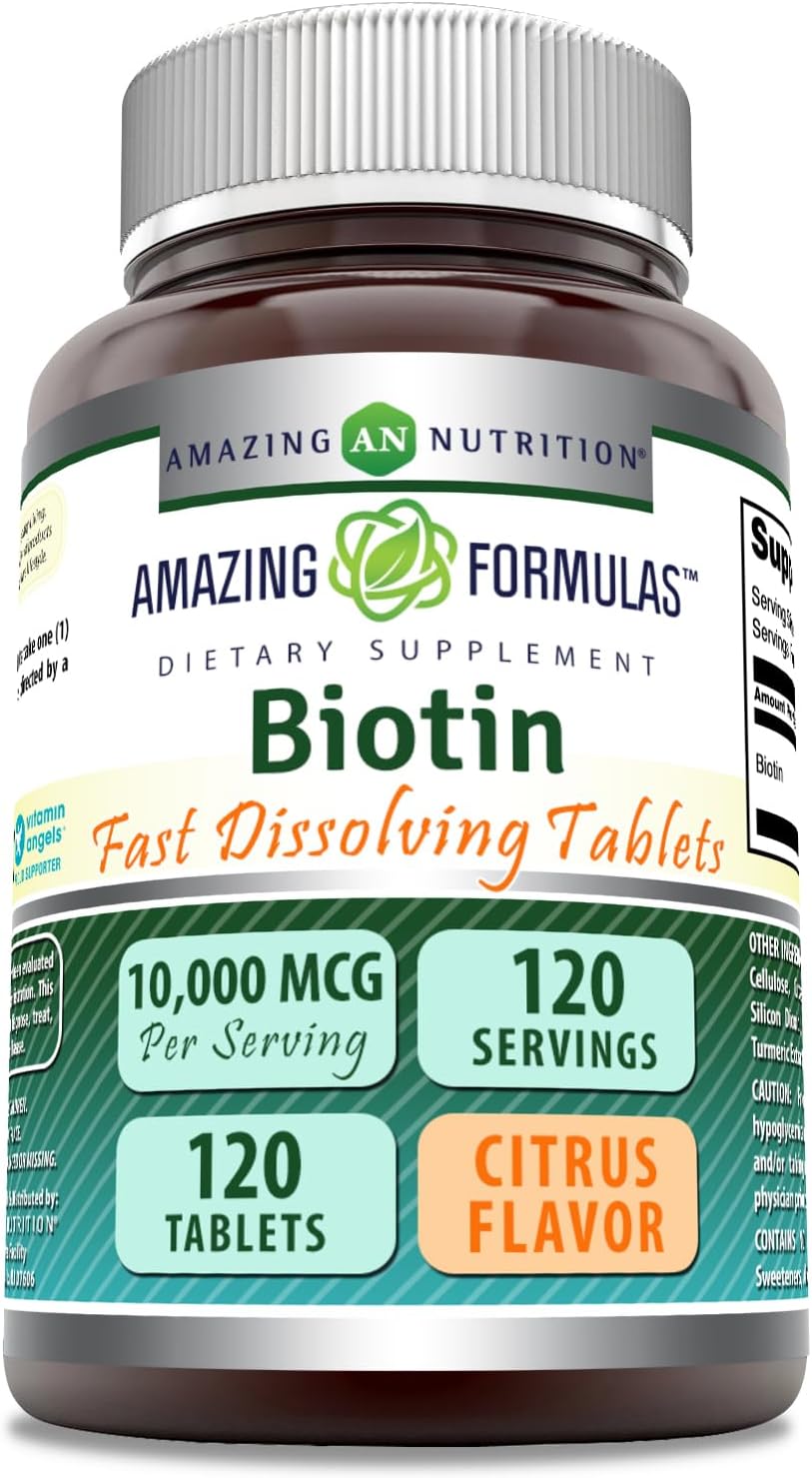 Amazing Formulas Biotina 10,000 mcg – Comprimidos de Disolución Rápida Sabor Fresa, 60 Unidades