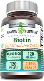 Amazing Formulas Biotina 10,000 mcg – Comprimidos de Disolución Rápida Sabor Fresa, 60 Unidades