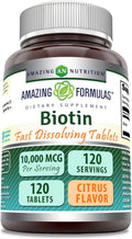 Amazing Formulas Biotina 10,000 mcg - 120 Comprimidos de Disolución Rápida - Sabor Cítricos