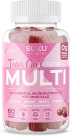 SUKU Gominolas Multivitamínicas para Chicas Adolescentes - Sin Azúcar - 60 Gomitas Sabor Cereza