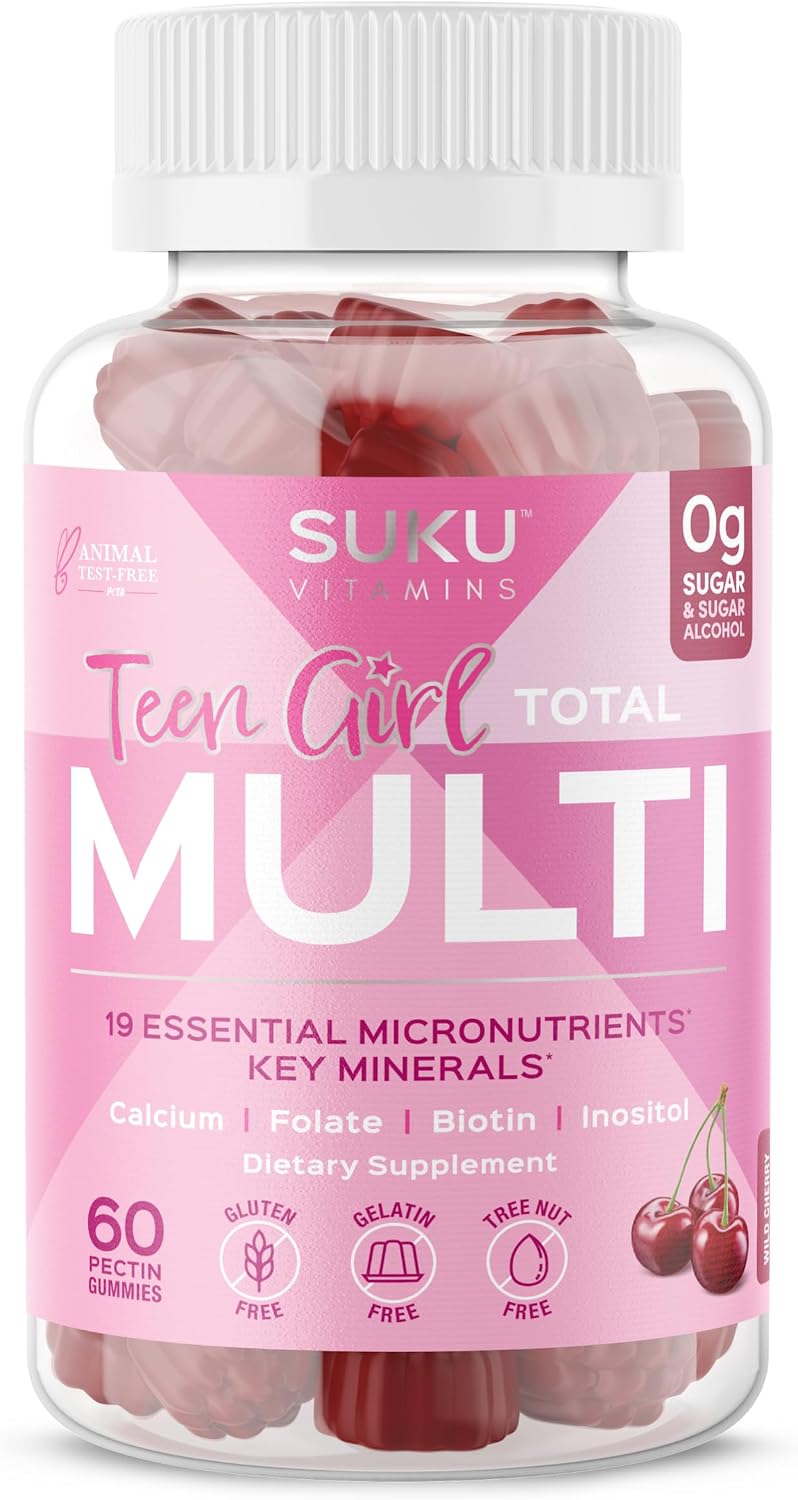 SUKU Gominolas Multivitamínicas para Chicas Adolescentes - Sin Azúcar - 60 Gomitas Sabor Cereza