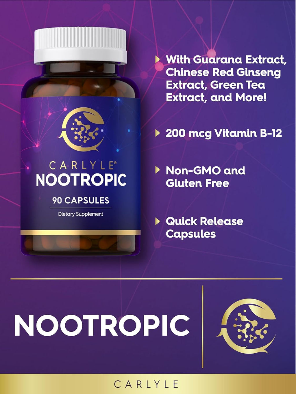 Carlyle Brain Nootropic Supplement | 90 Cápsulas | con Cafeína, B12 y Extracto de Guaraná | No-GMO y Sin Gluten