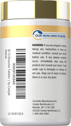 Carlyle Vitamina B12 Sublingual 2500 mcg + Ácido Fólico - 250 Comprimidos de Disolución Rápida Sabor Berry - Vegano, No-GMO, Sin Gluten