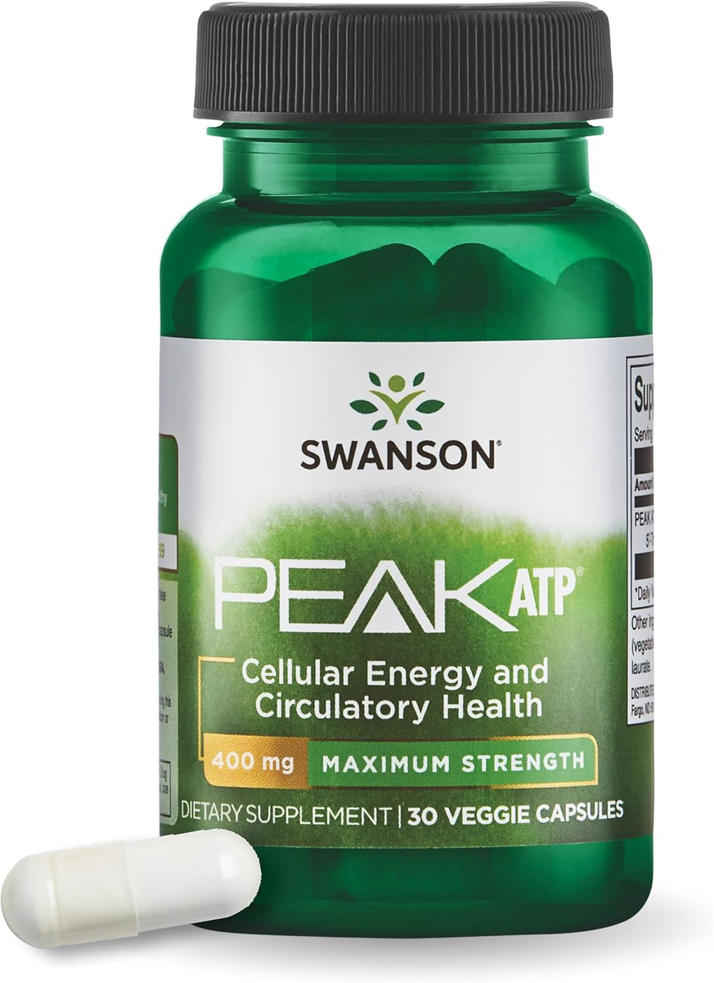 Swanson Maximum Strength Peak ATP - 400 mg, Suplemento de Energía Celular para Deportistas (30 Cápsulas Vegetales)