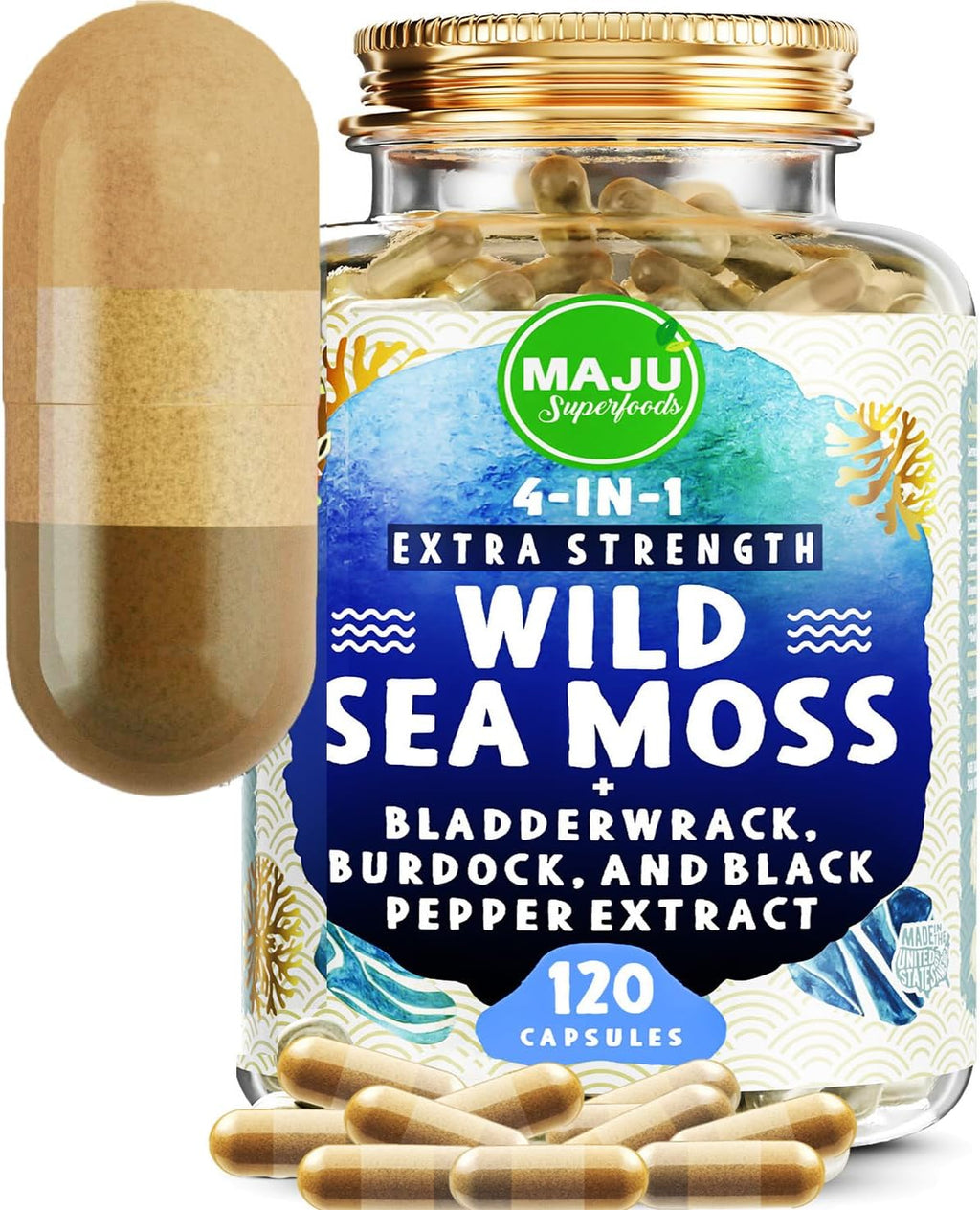 MAJU Wild Irish Sea Moss Cápsulas 4 en 1 (120ct) con Bladderwrack y Bardana