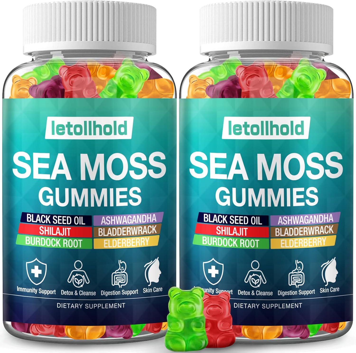 Sea Moss Gummies con Ashwagandha, Bladderwrack y Burdock Root - 60 Gominolas Veganas (2 Envases)