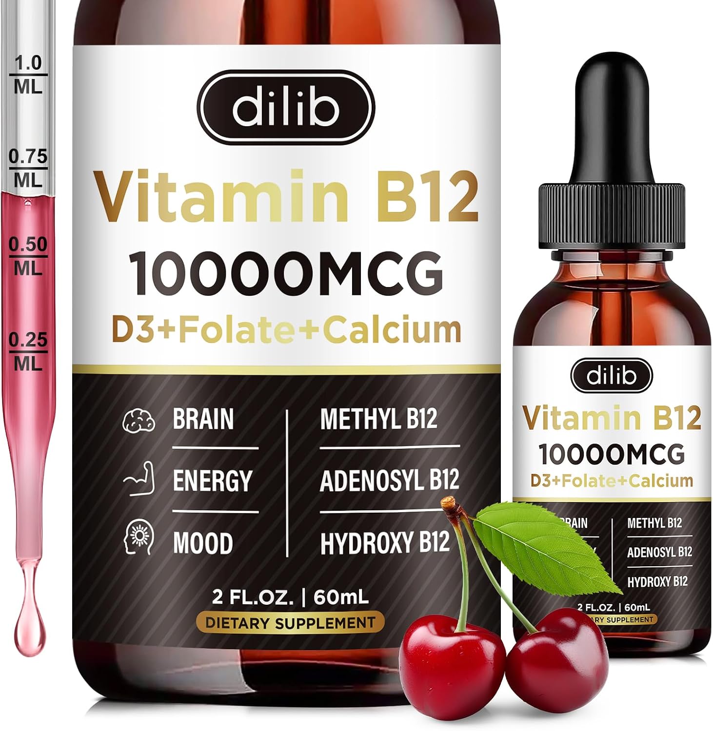 dilib Complejo Vitamina B12 10000 mcg Gotas Sublinguales - Triple B-12 con Metilcobalamina, Adenosilcobalamina e Hidroxocobalamina