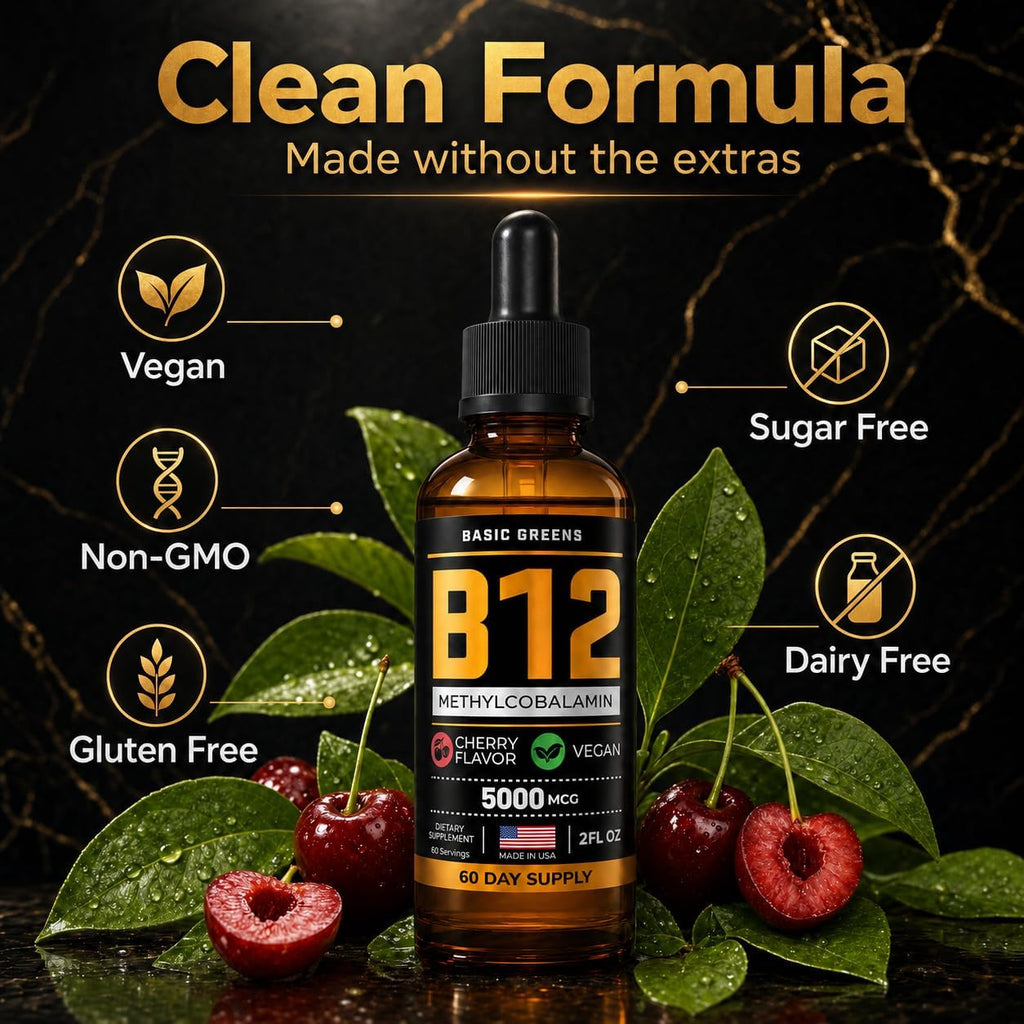 Vitamina B12 Líquida 5000 mcg, Gotas Sublinguales de Metilcobalamina, Sabor a Cereza, Vegano, 60 dosis, 60 ml
