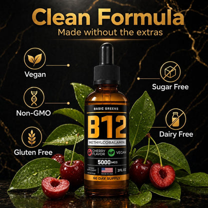 Vitamina B12 Líquida 5000 mcg, Gotas Sublinguales de Metilcobalamina, Sabor a Cereza, Vegano, 60 dosis, 60 ml – Image 4