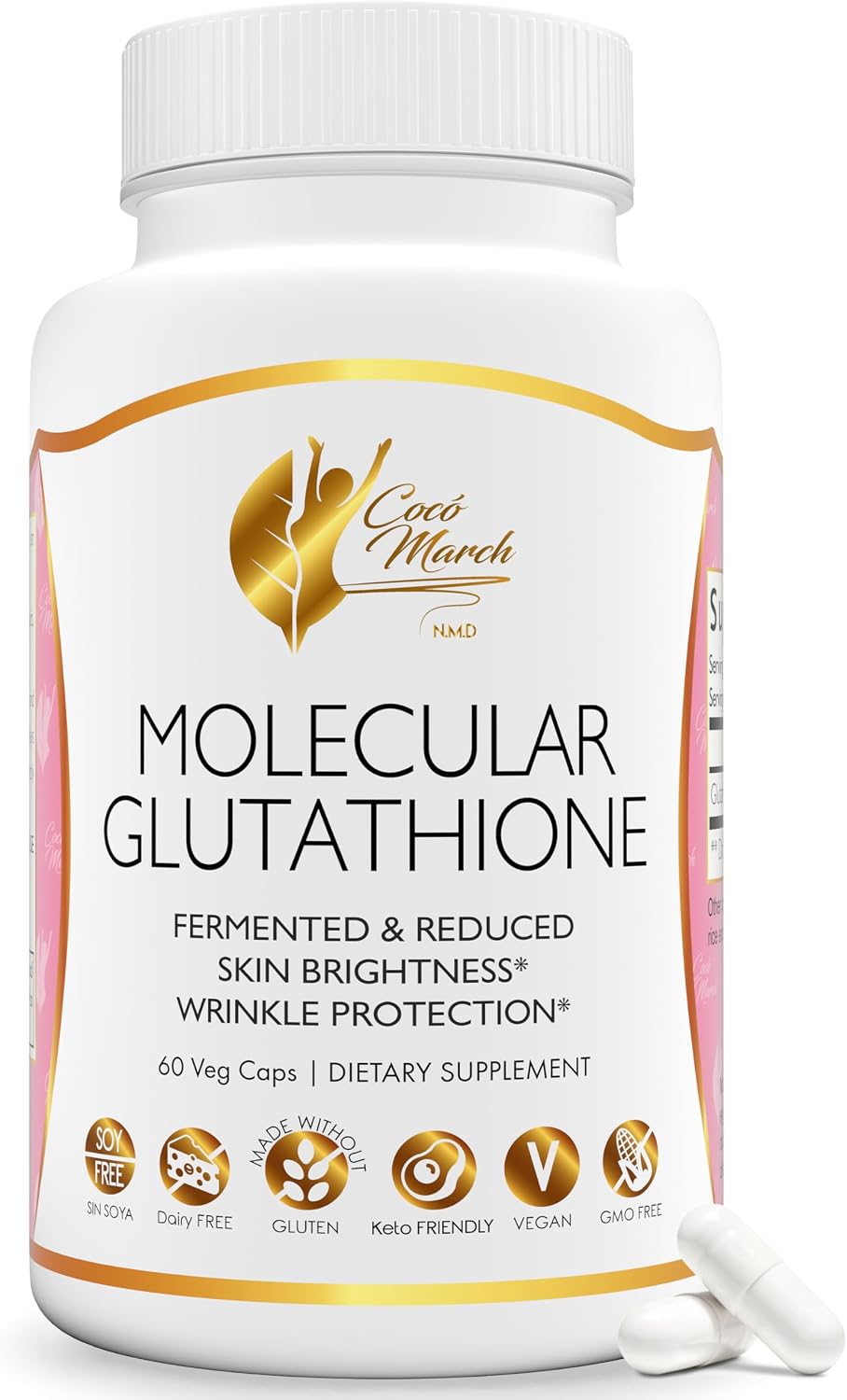 Cocó March N.M.D. Glutatión Molecular 500 mg – Antioxidante Potente para Apoyo Inmunológico y Belleza, Bajo Peso Molecular, Vegano, Sin Gluten, Soja y Lácteos, 60 Cápsulas Vegetales