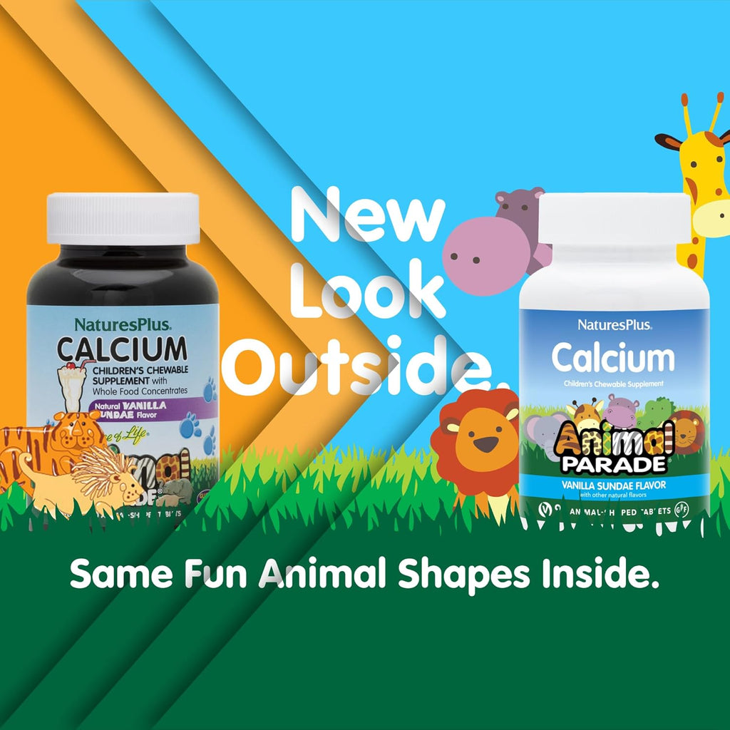 NaturesPlus Animal Parade Calcium, Sabor Vainilla - 135 Comprimidos Masticables para Niños