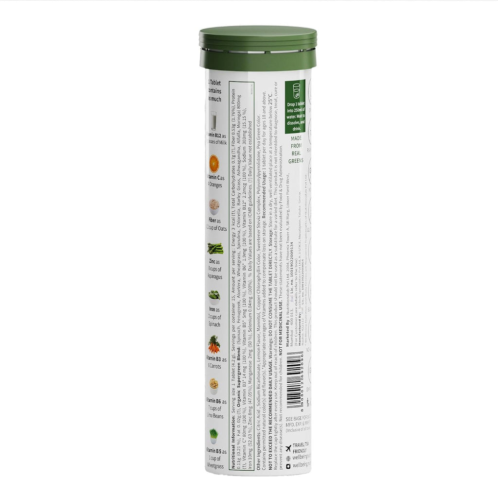 WELLBEING NUTRITION Daily Greens | Sabor Natural a Limón y Lima | 15 Comprimidos (63g)