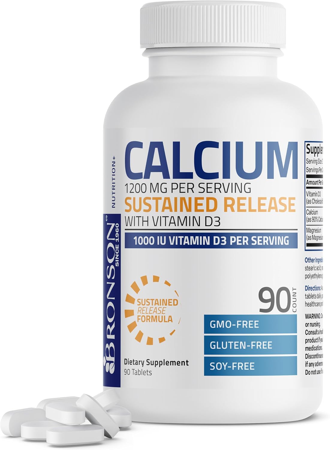 Bronson Calcio 1200 mg con Vitamina D3 1000 UI y Magnesio - Liberación Sostenida, 180 Comprimidos