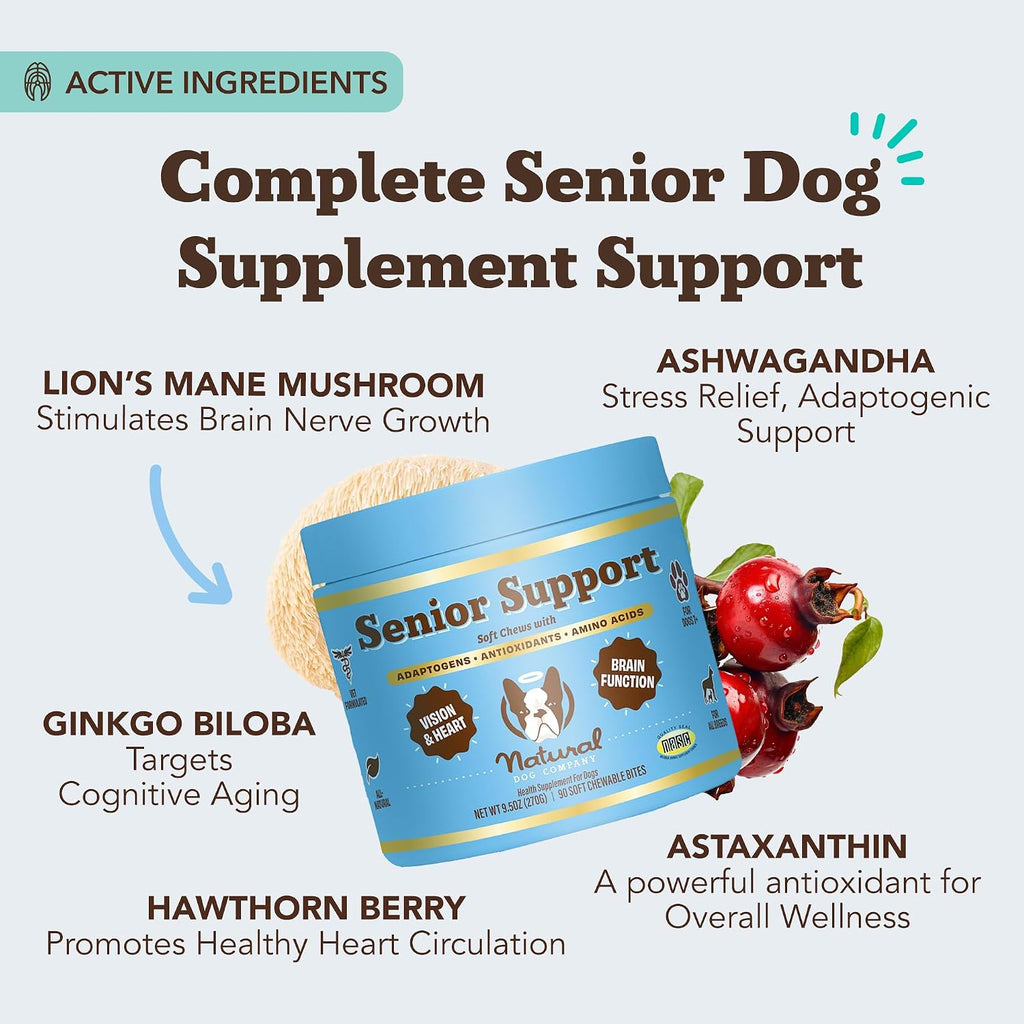 Natural Dog Company Vitaminas para Perros Senior - Masticables para Apoyo Cognitivo, Cardíaco y Visual, 90 unidades