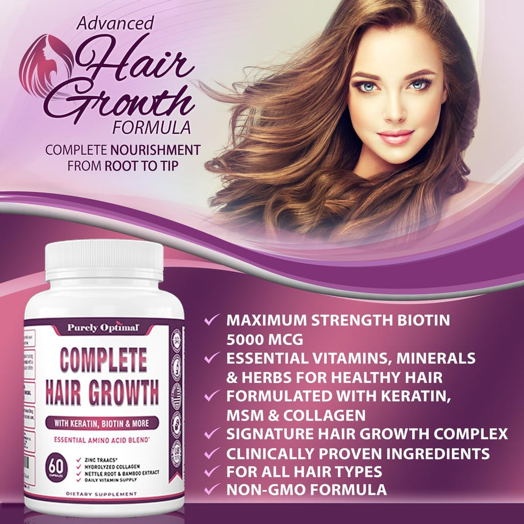 Purely Optimal Vitaminas para el Crecimiento del Cabello – 5000 mcg Biotina, Colágeno, Keratina – 60 Cápsulas