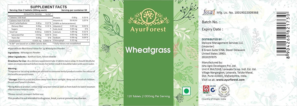 AYURFOREST Comprimidos de Hierba de Trigo (Wheatgrass) - 120 Comprimidos, 500 mg Cada Uno