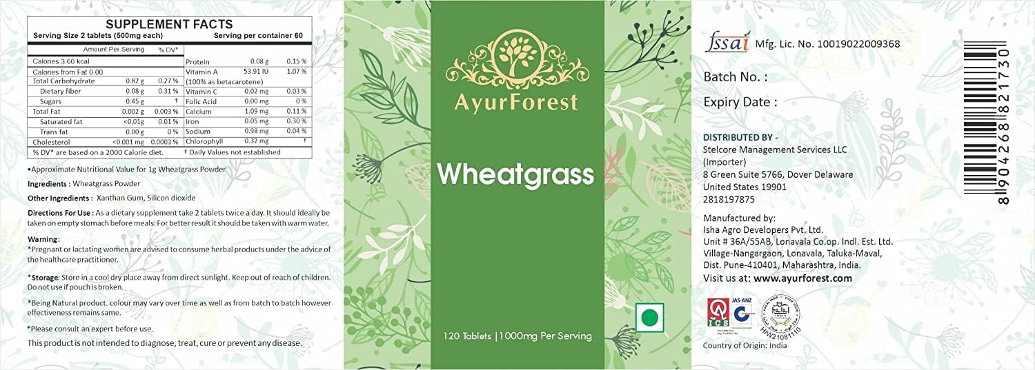 AYURFOREST Comprimidos de Hierba de Trigo (Wheatgrass) - 120 Comprimidos, 500 mg Cada Uno