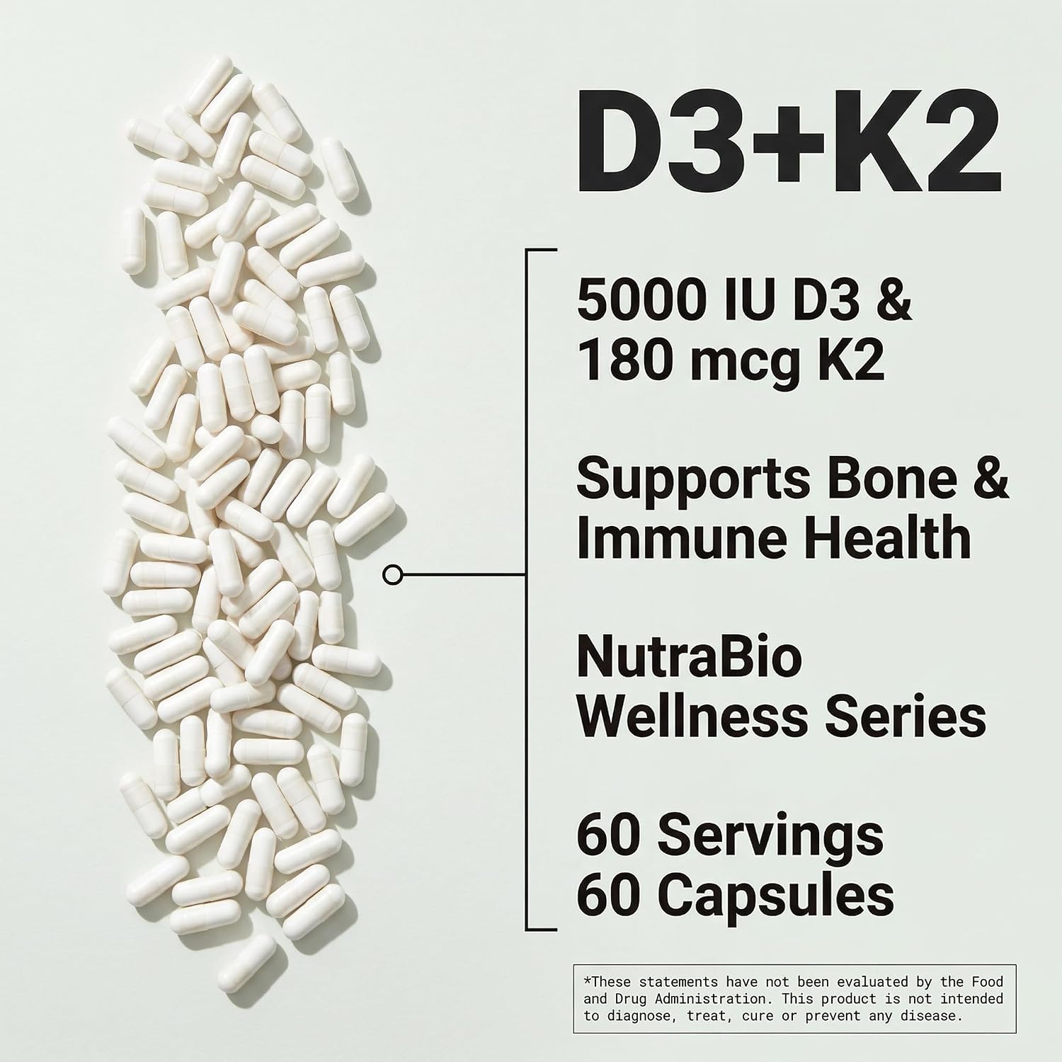 NutraBio Vitamina D3 K2 5000 UI D3 con 180 mcg K2 MK-7