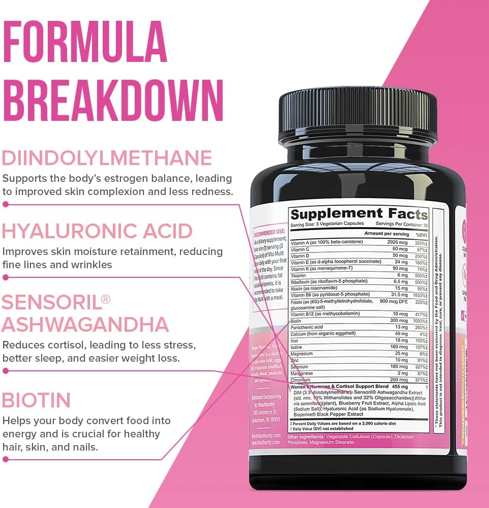 Vitauthority Multivitamin para Mujeres – Complejo Multivitamínico con DIM, Ashwagandha y Ácido Hialurónico