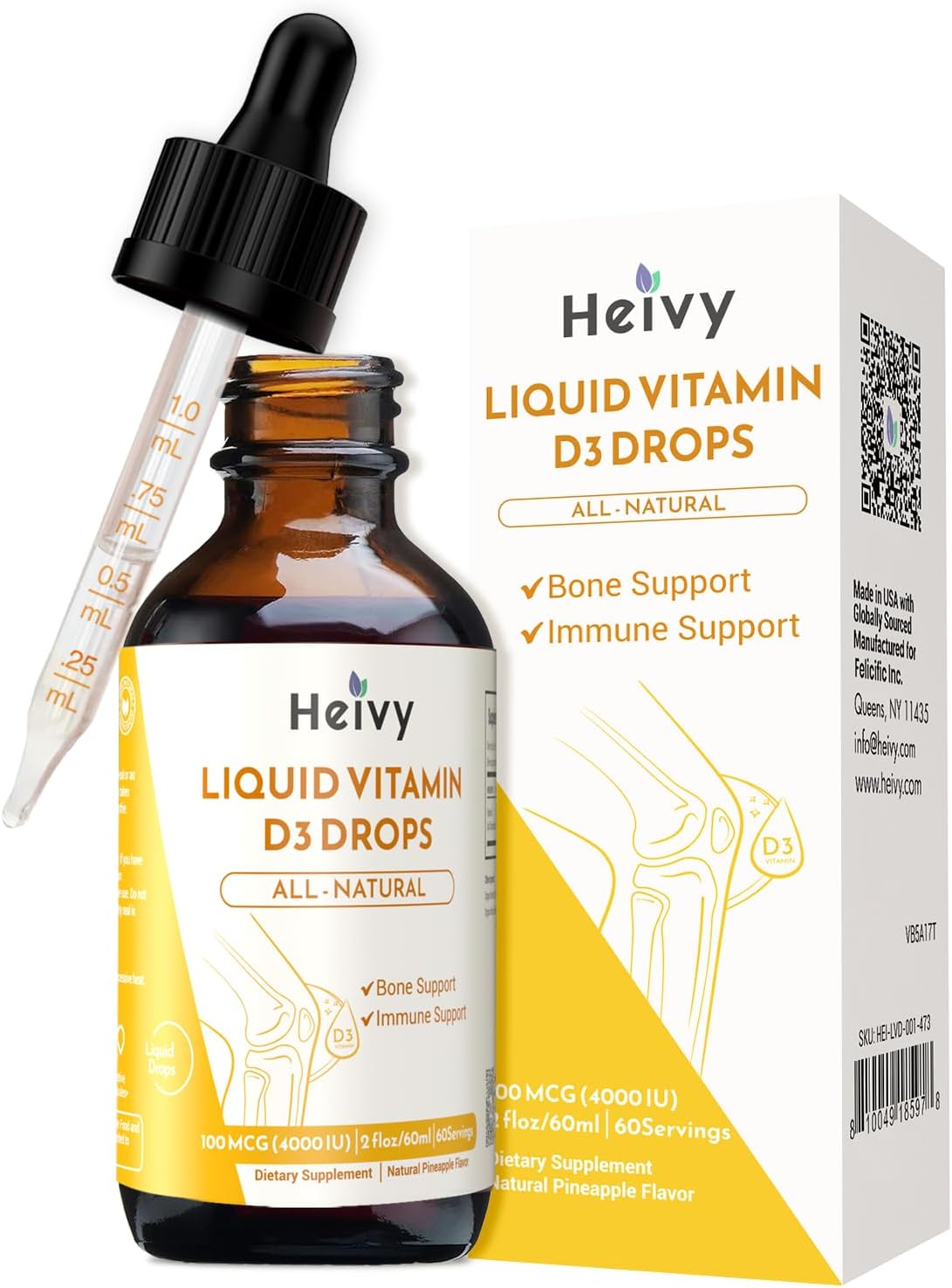 Heivy Gotas de Vitamina D3 4000 UI (100 mcg) - Líquido Vegano Sabor Piña para la Salud Ósea e Inmune, 60 Dosis (60ml)