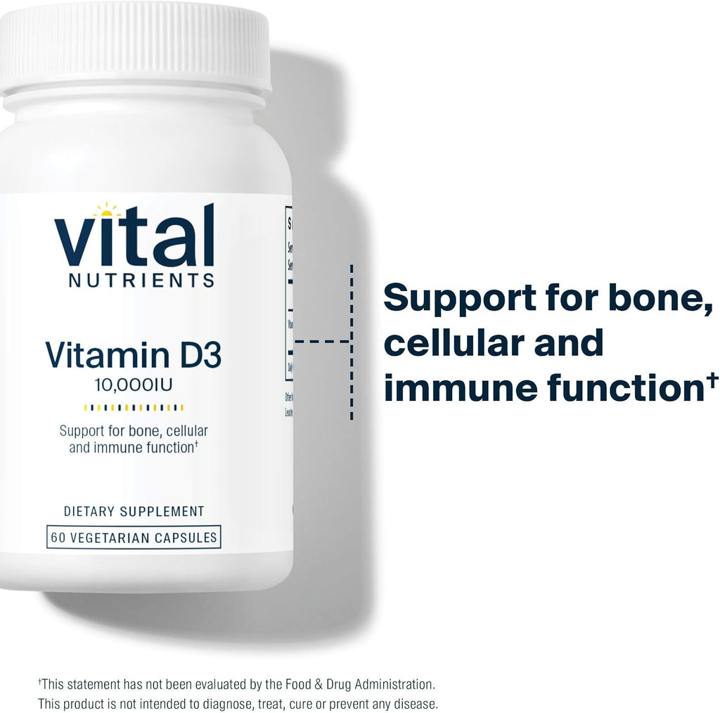 Vital Nutrients Vitamina D3 10000 UI - Suplemento de Vitamina D3 - Huesos, Dientes y Músculos Saludables* - Función Inmune y Celular - Absorción de Calcio - Sin Gluten, Lácteos ni Soja - 60 Cápsulas