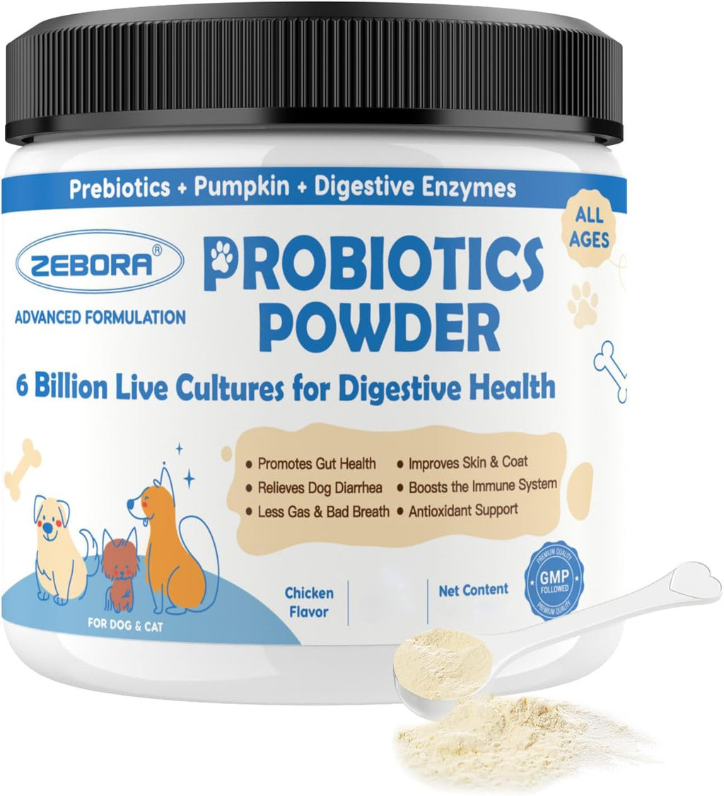 ZEBORA Probióticos para Perros, Polvo con Calabaza, Prebióticos y Enzimas Digestivas, 6 Mil Millones de UFC, Sabor a Pollo, 90 Dosis