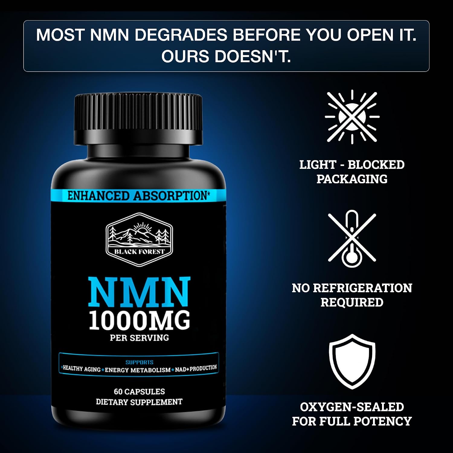 Black Forest NMN 1000 mg - Nicotinamida Mononucleótido con BioPerine® (60 Cápsulas)