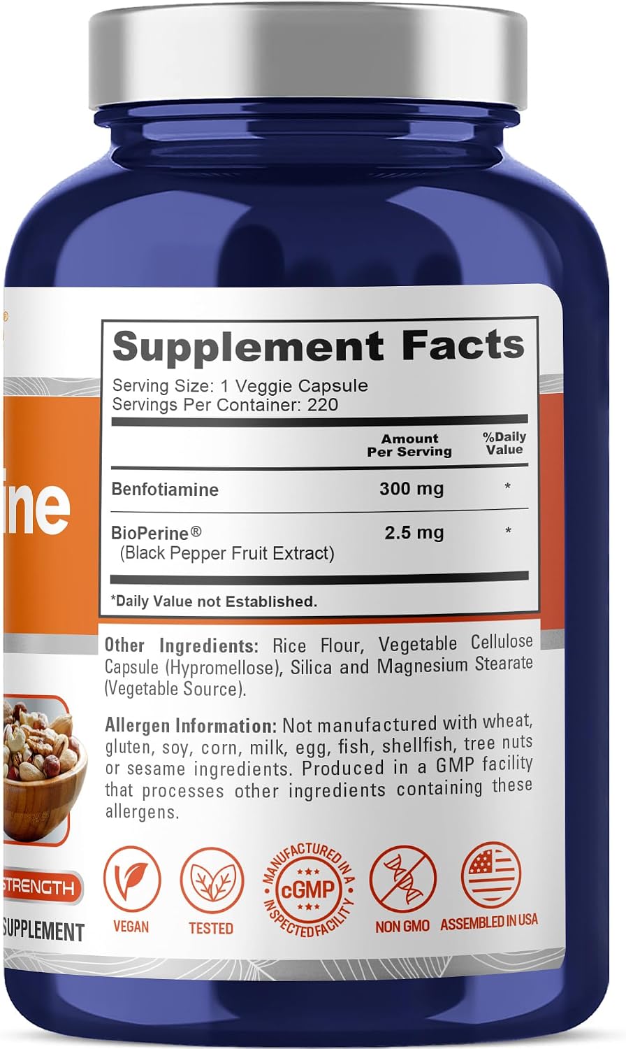 NusaPure Benfotiamina 300 mg por Cápsula Vegetal, 220 Cápsulas (No OGM, Vegano) con Bioperina