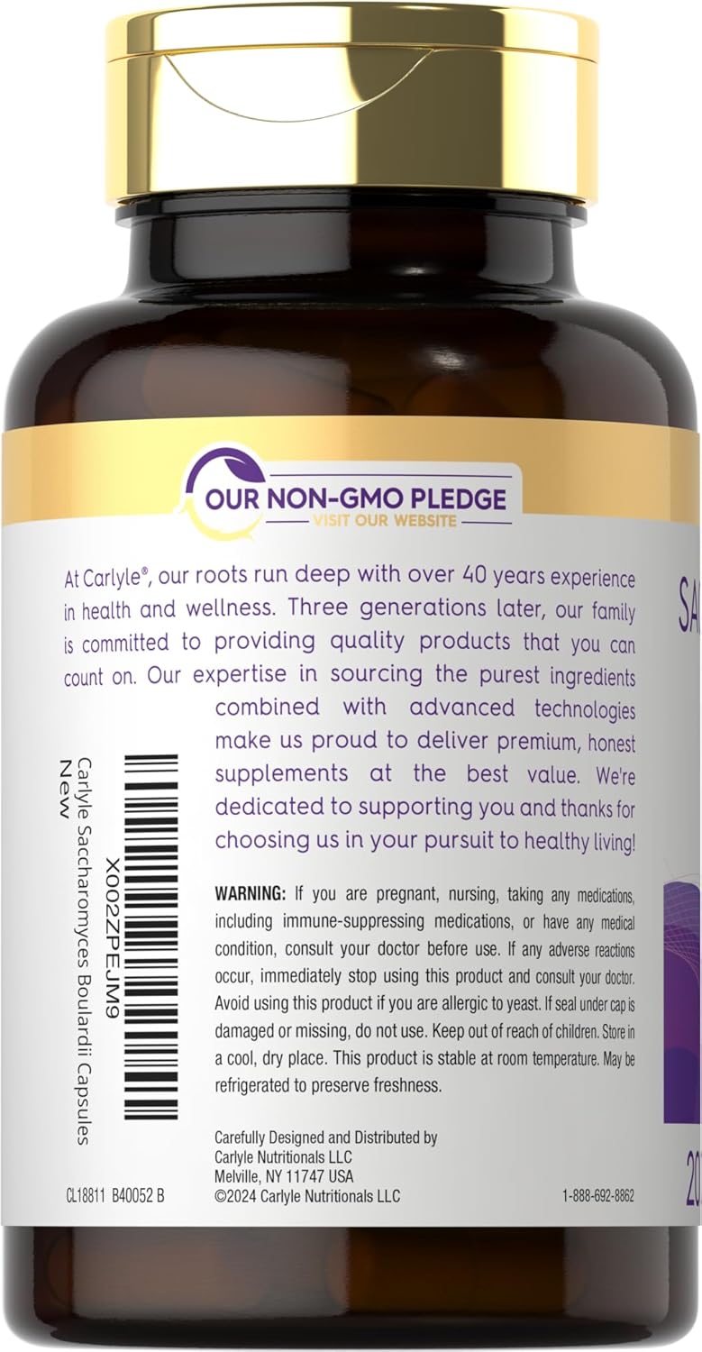 Carlyle Saccharomyces Boulardii Probiótico y Prebiótico | 10 Mil Millones UFC | 200 Cápsulas | Formato Económico | No Transgénico, Sin Gluten