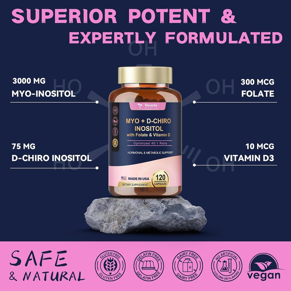 Totaria Inositol para Mujeres con Vitamina D3 y Folato - Complejo Myo-Inositol y D-Chiro Inositol 40:1 (Vitamina B8) - Pack de 2 botes