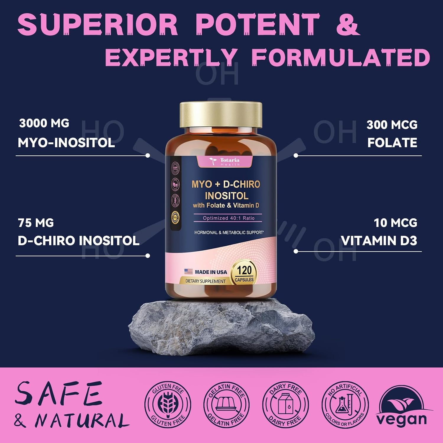 Totaria Inositol para Mujeres con Vitamina D3 y Folato - Complejo Myo-Inositol y D-Chiro Inositol 40:1 (Vitamina B8) - Pack de 2 botes