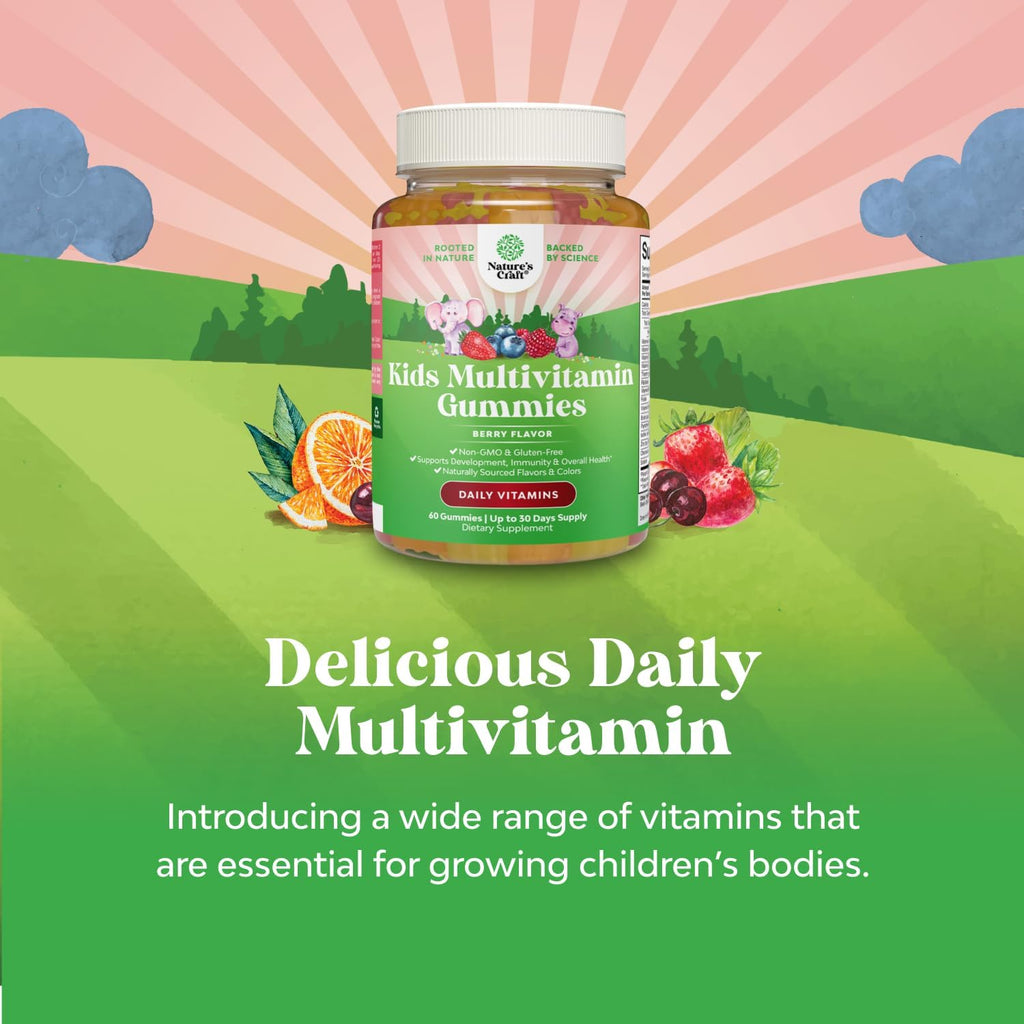 Natures Craft Kids Multivitamin Gummies - Multivitamínico Infantil en Gominolas con Vitaminas A, C, D3, E, B6 y B12, Zinc y Yodo - Fórmula Masticable para la Salud Infantil - 60 Recuento