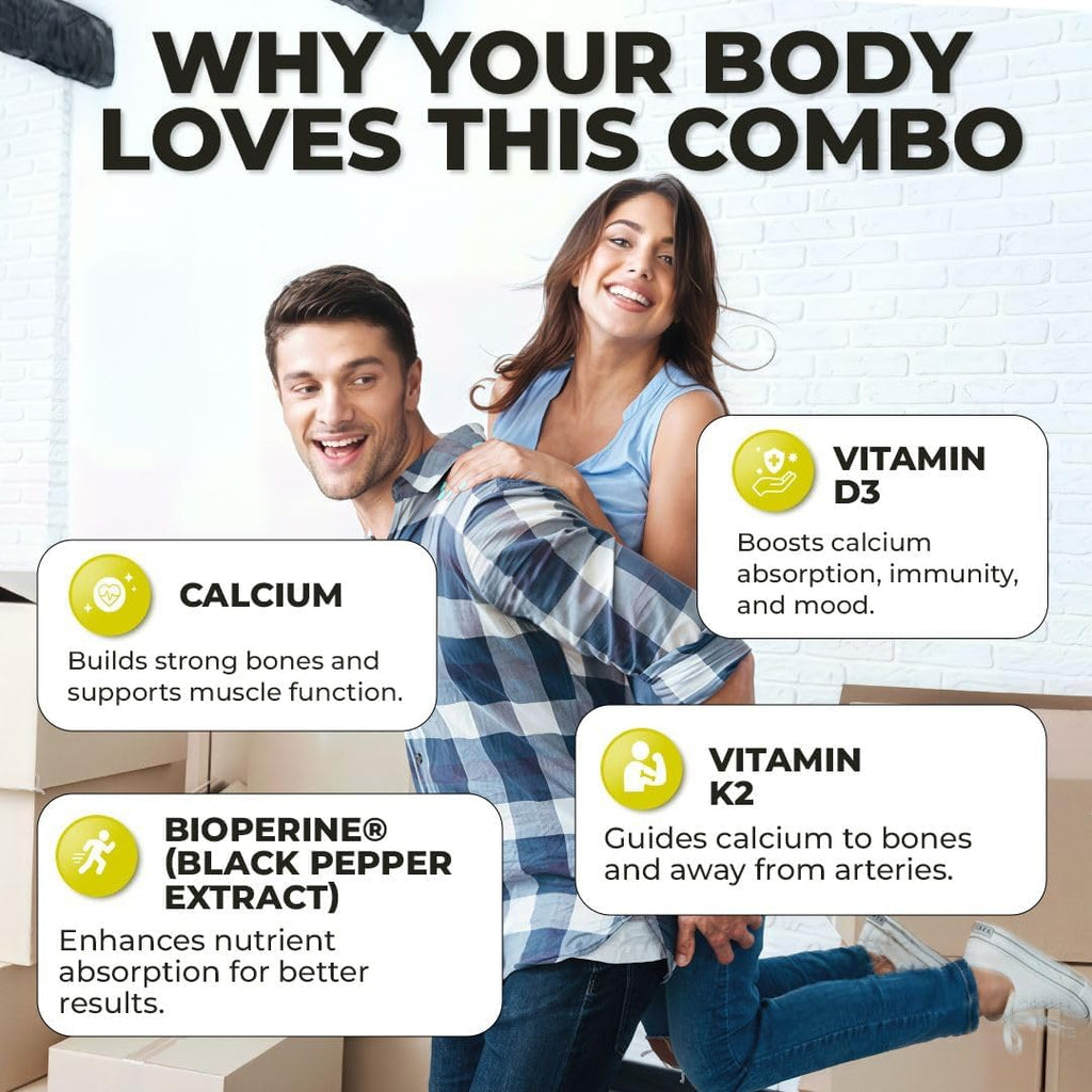Calcio con Vitamina D3 y K2 – Swiss Activa+ Labs – Vegano, No-GMO – 60 Días
