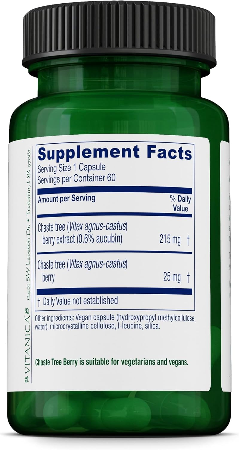Vitanica, Baya del Árbol Casto (Sauzgatillo), Extracto de Vitex Plus, Vegano, 60 Cápsulas