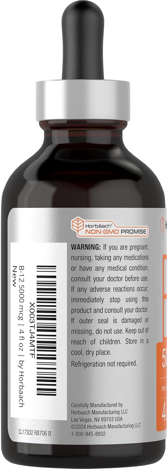 Horbaach Vitamina B12 5000 mcg Sublingual | Gotas Líquidas con Metilcobalamina y Cianocobalamina | Sabor Berry | Sin Gluten y No-GMO
