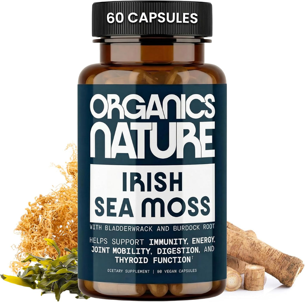 ORGANICS NATURE Irish Sea Moss Cápsulas 90 uds | Suplemento de Algas Marinas con Burdock y Bladderwrack