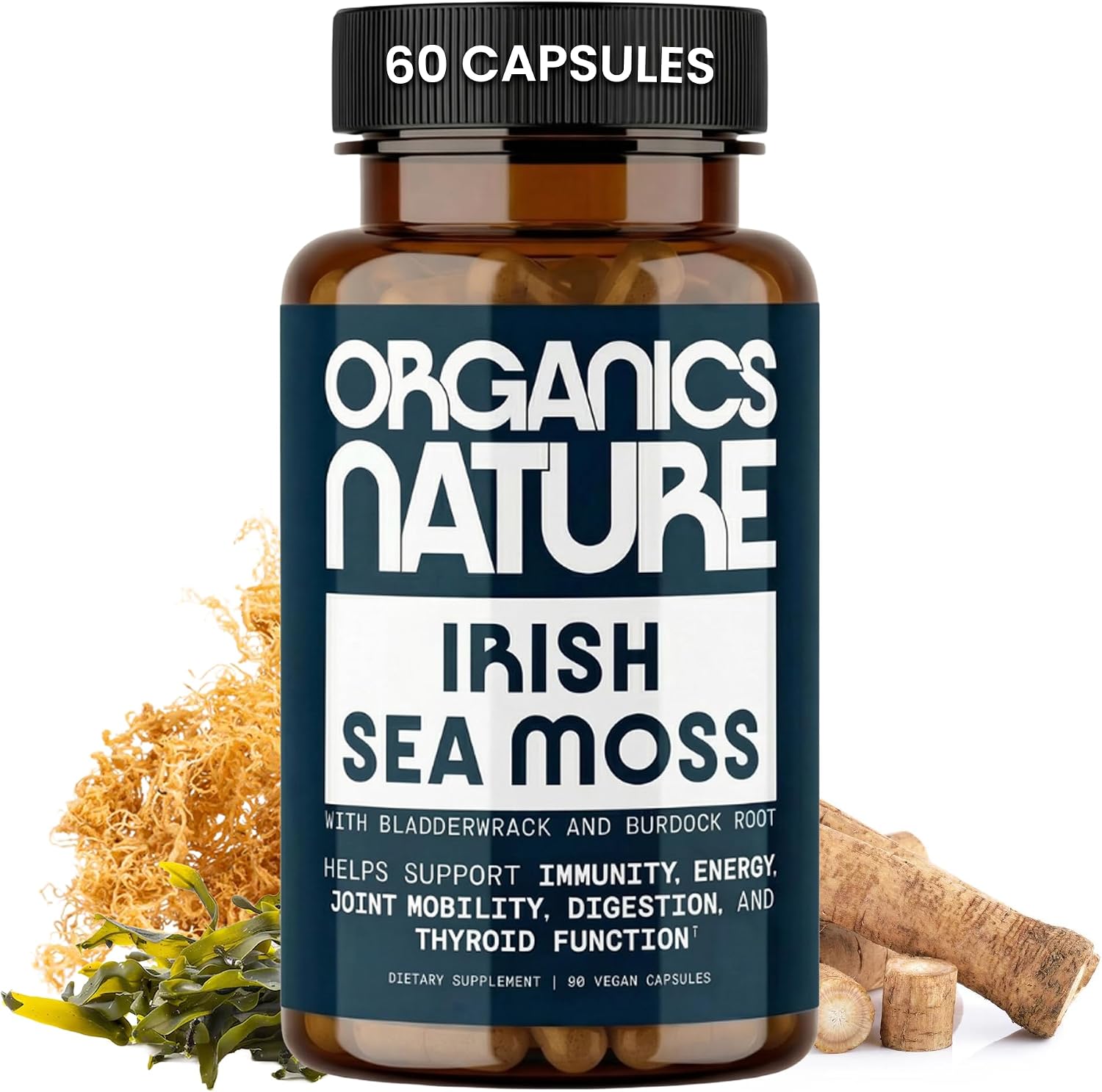 ORGANICS NATURE Irish Sea Moss Cápsulas 90 uds | Suplemento de Algas Marinas con Burdock y Bladderwrack
