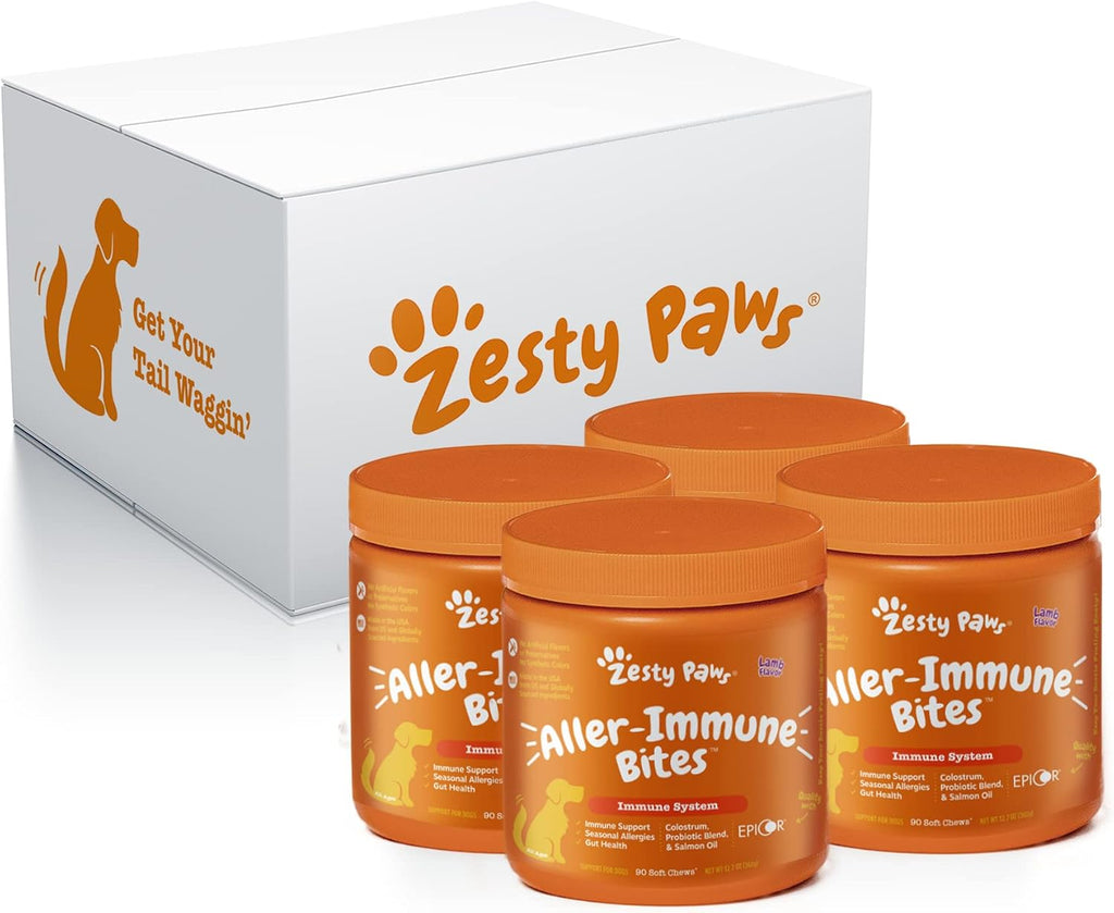 Zesty Paws Allergy Immune Supplement for Dogs Lamb - con Omega 3 Aceite de Salmón Salvaje de Alaska & EpiCor + Prebióticos y Probióticos Digestivos - Anti Picor y Puntos Calientes - 90 Count, 4 Pack