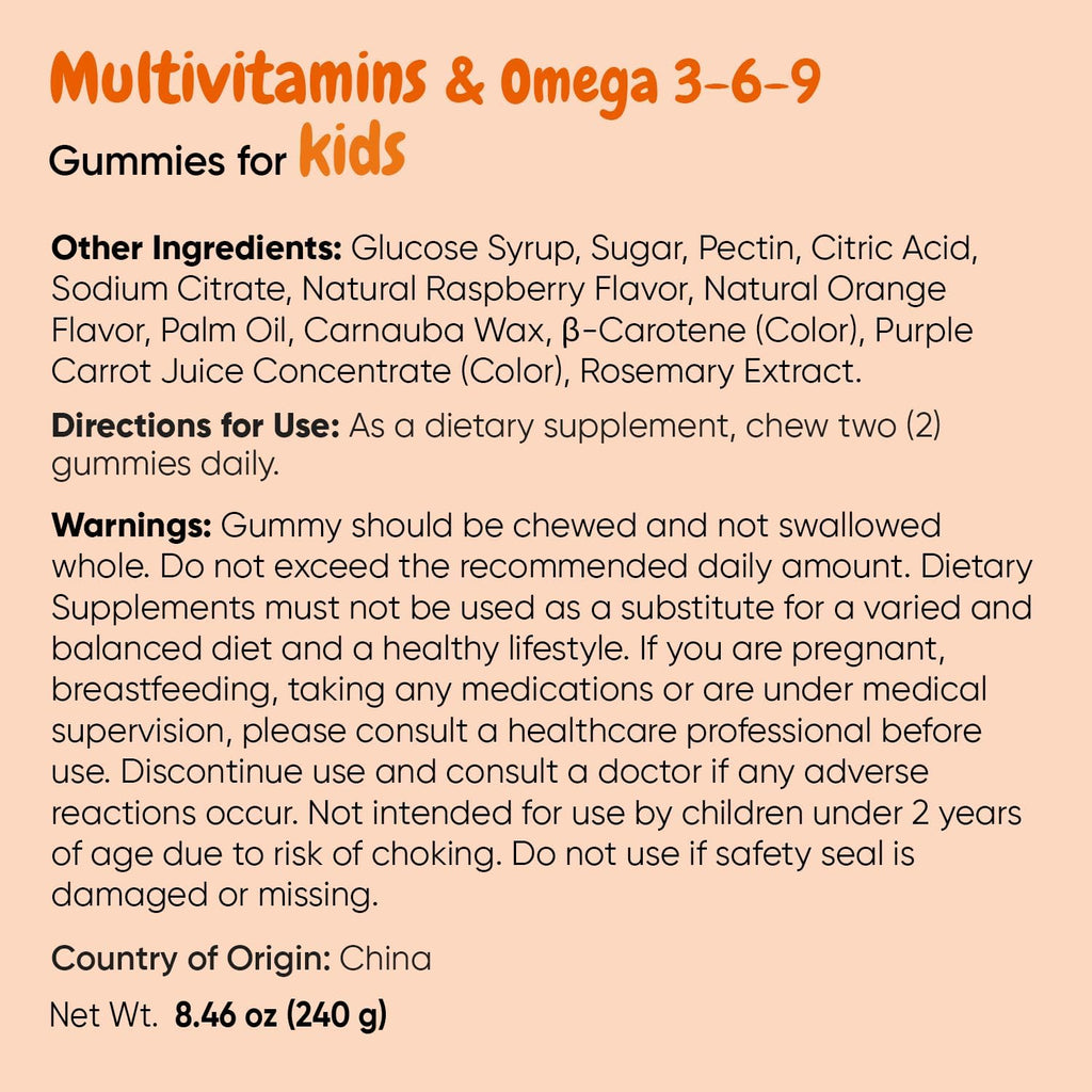 maxmedix Gomitas Multivitamínicas para Niños con Omega 3 6 9 | 20 Vitaminas Clave (C, A, D, E, B12) y Zinc – Sabor Frambuesa y Naranja, 120 Gomitas (2 Meses)