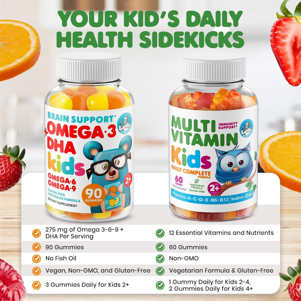 DR. MORITZ Pack de Gominolas Omega 3 (90 uds) y Multivitamínicas para Niños (60 uds) - Vegano, Sin OMG, Apoyo Diario
