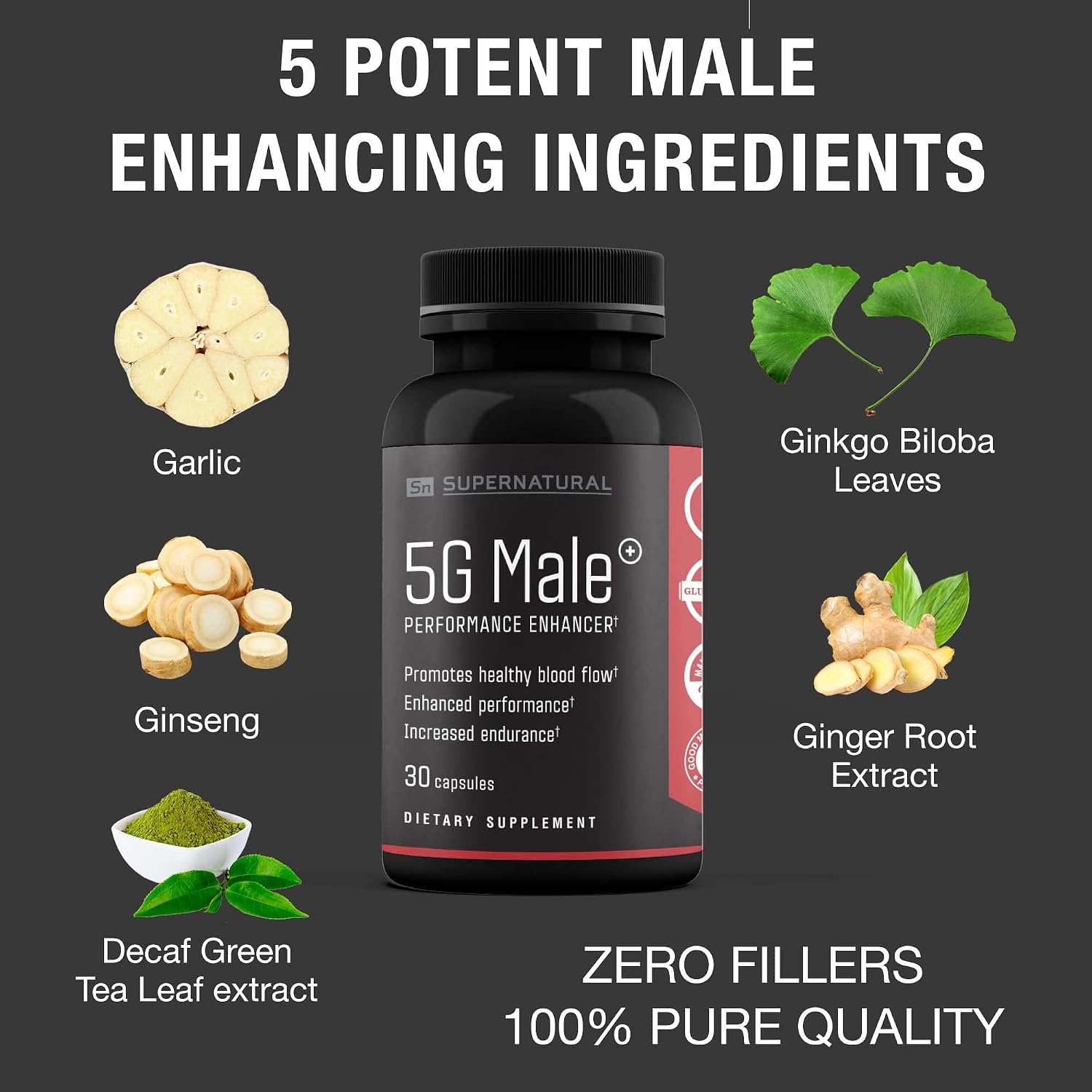 Supernatural Man 5G Male – Suplemento Natural para Hombres con Ginseng, Ajo, Ginkgo, Jengibre y Vitamina D – 30 Cápsulas