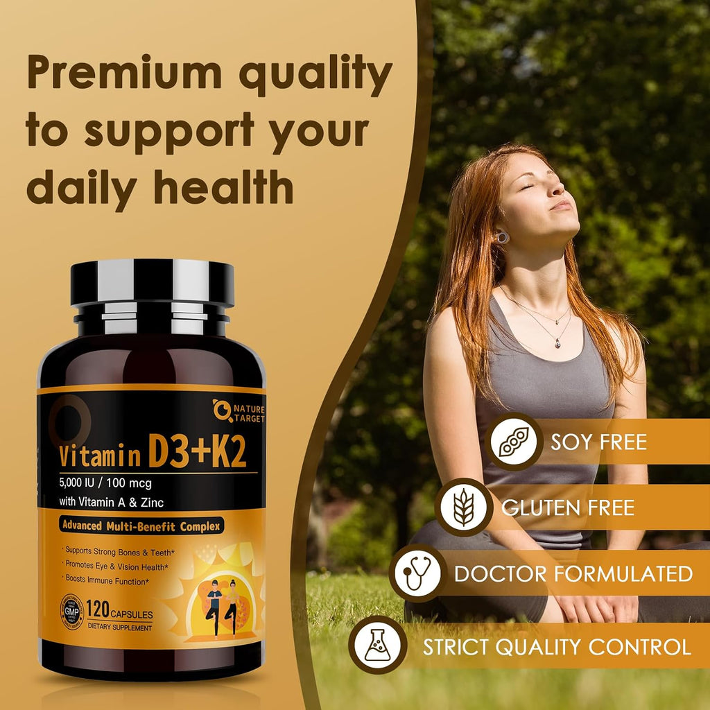 NATURE TARGET Complejo Vitamina D3 K2 con A, E y Zinc - 5000 UI, 100 mcg - 120 Cápsulas