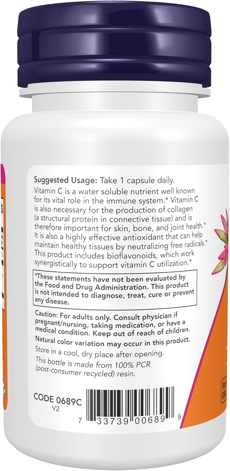 NOW Foods Vitamina C 1.000 mg con Escaramujo y Bioflavonoides, 30 Cápsulas Veganas