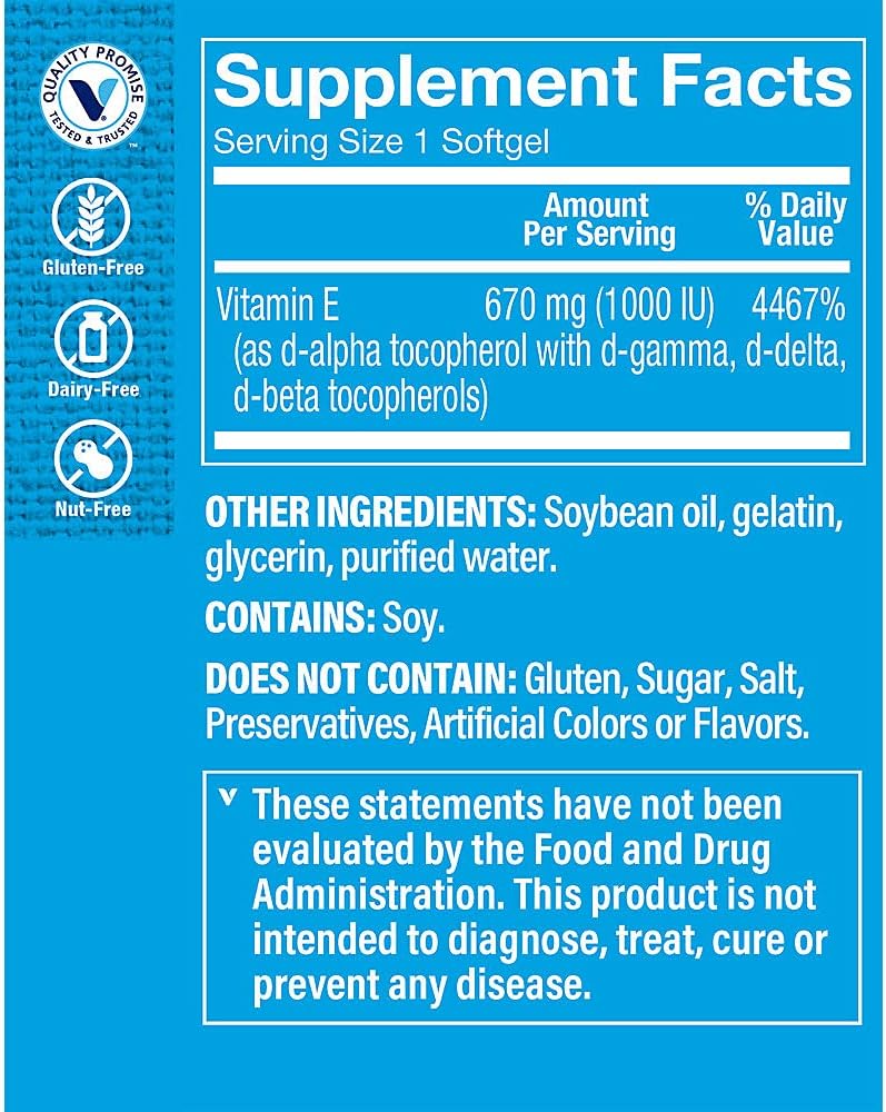 The Vitamin Shoppe Vitamina E 1000 UI - Suplemento Antioxidante para la Salud de la Piel y la Función Inmunitaria (120 Softgels)