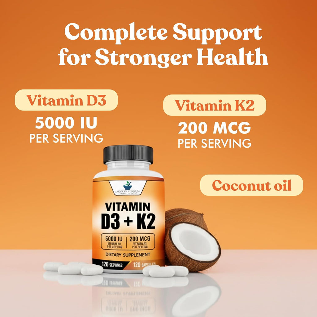 American Standard Supplements Vitamina D3 5000 IU + K2 (MK7) 200 mcg, 120 Cápsulas - Sin Gluten, No GMO, 120 Días