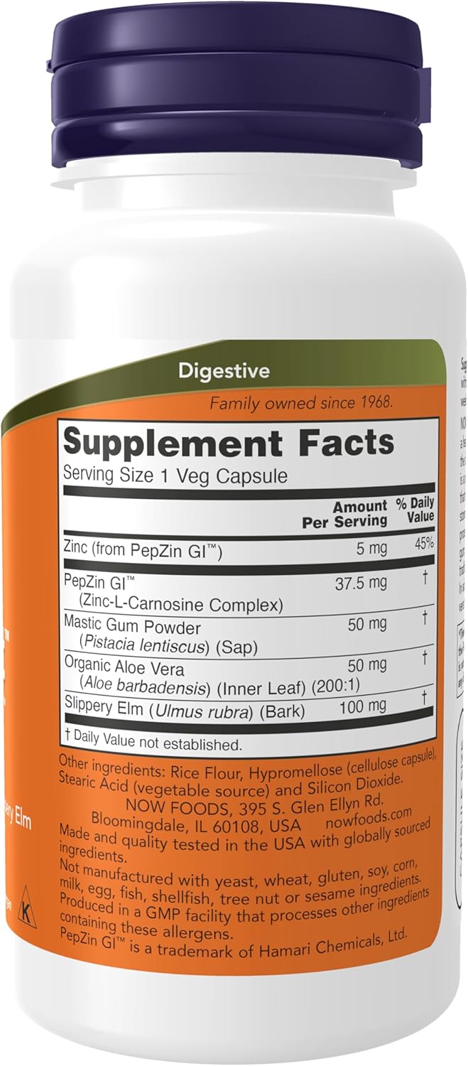 NOW Foods Gastro Comfort, con Goma de Mástique, Aloe Vera y Olmo Americano, 60 Cápsulas Vegetales
