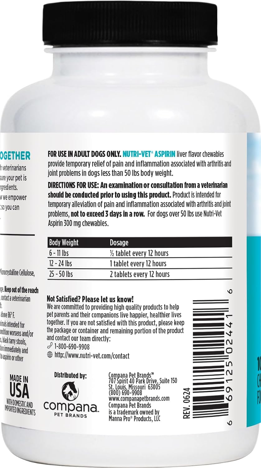 Nutri-Vet Aspirina para Perros, Alivio del Dolor Articular, 120mg, 100 Comprimidos