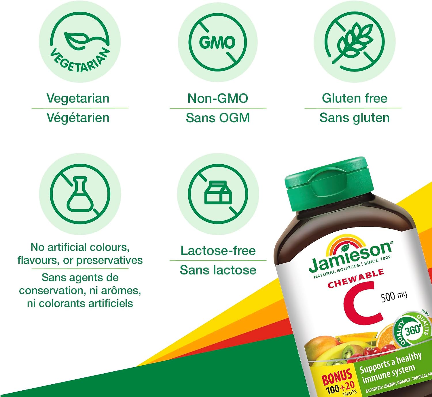Jamieson Laboratories Chewable Vitamin C 500 mg, 3 Flavours, 120 Tablets